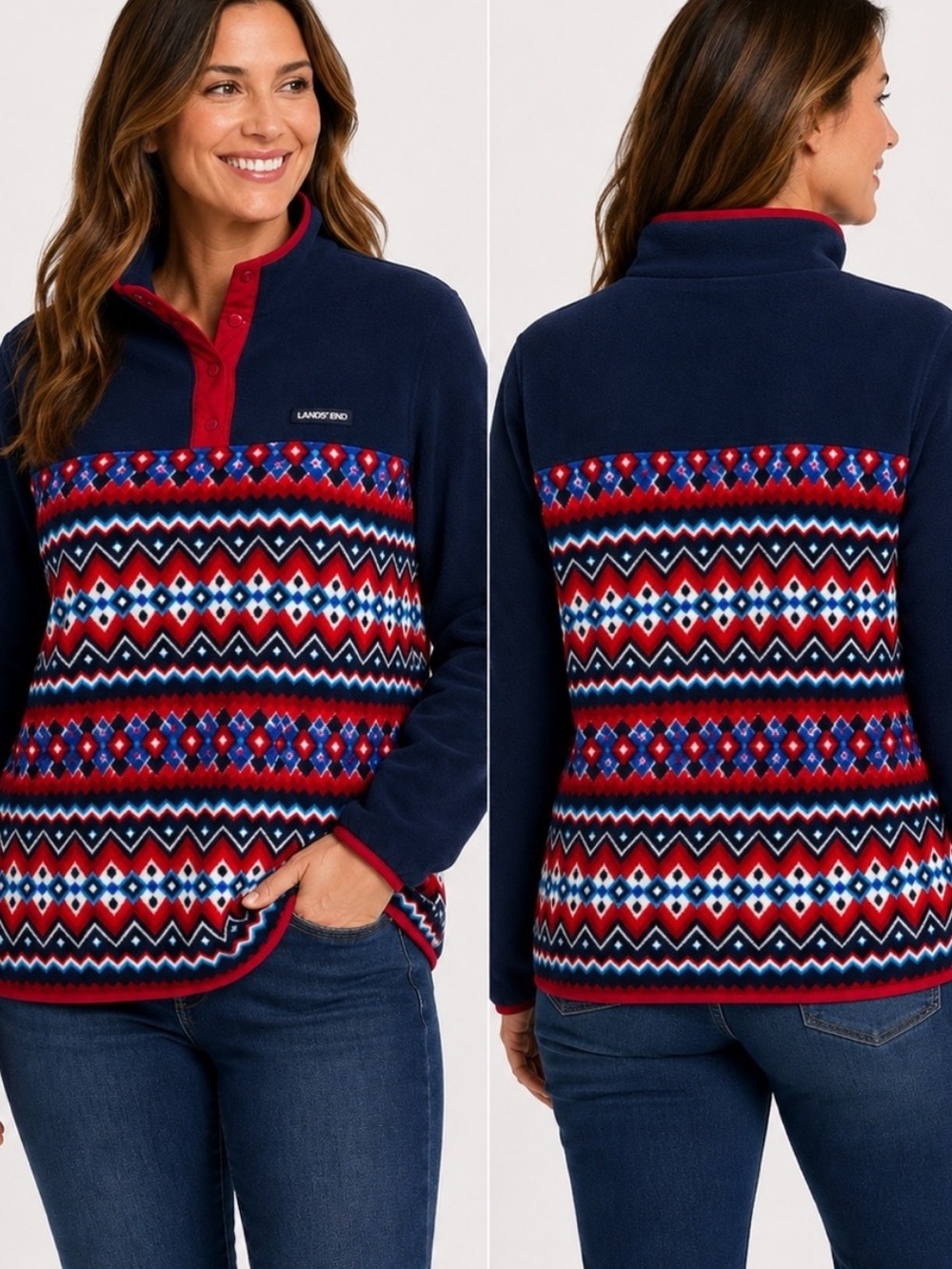 Lands End Fleece Pullover Quarter Snap Fair Isle Geometric Pattern 2X